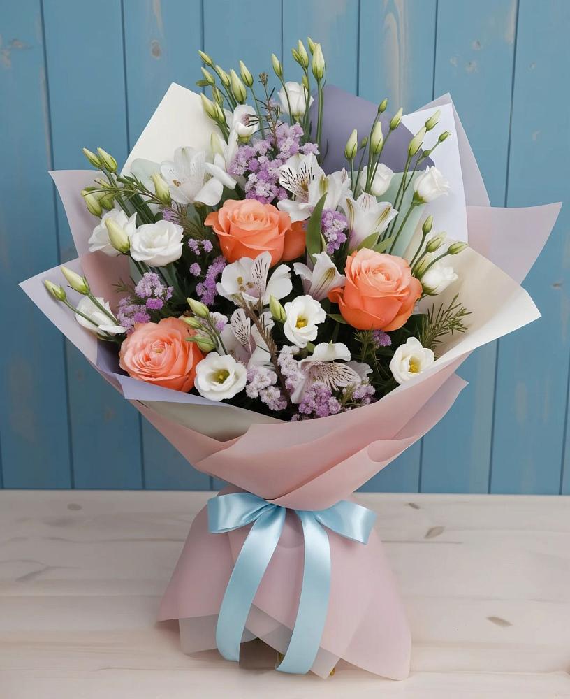 Букет цветов из: Лизиантусы, Розы, Альстромерии и Гипсофила в Салехарде